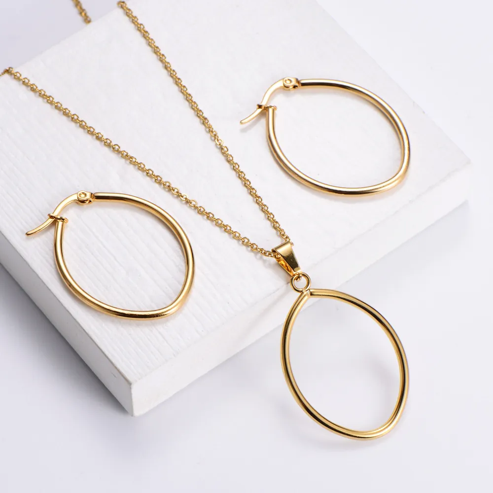 Minimalist 18K Gold Plated Stainless Steel Oval Geometric Jewelry For Women Pendant Necklace And Earrings