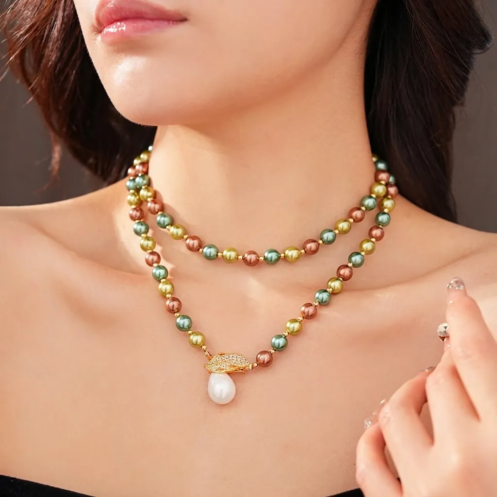 Collana Di Künstliche Perle Doppia Vintage Con Ciondolo Foglia In Zircone E Ciondolo Goccia D'acqua Bianca Lusso Retro Da Donna