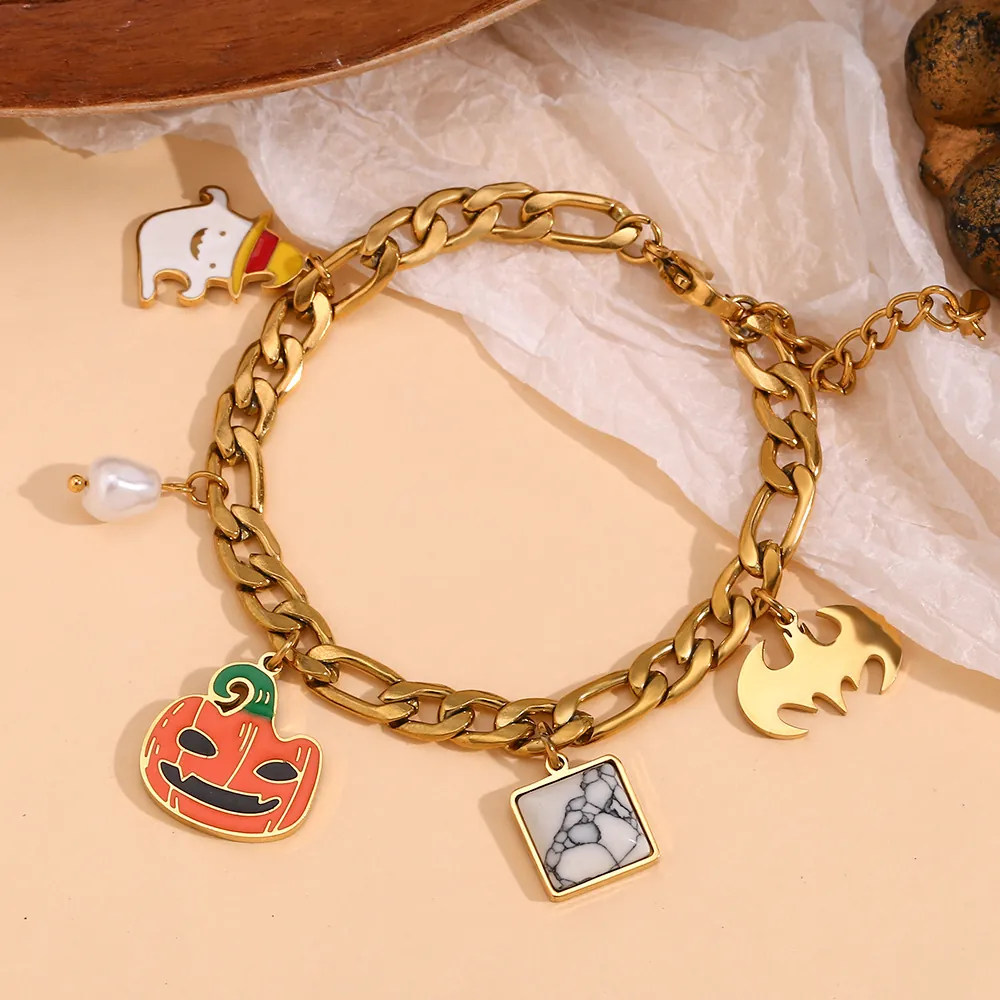 Bracciale Con Ciondoli Halloween In Acciaio Inossidabile Placcato Oro 18K Catena Figaro Con Pendenti Zucca Fantasma