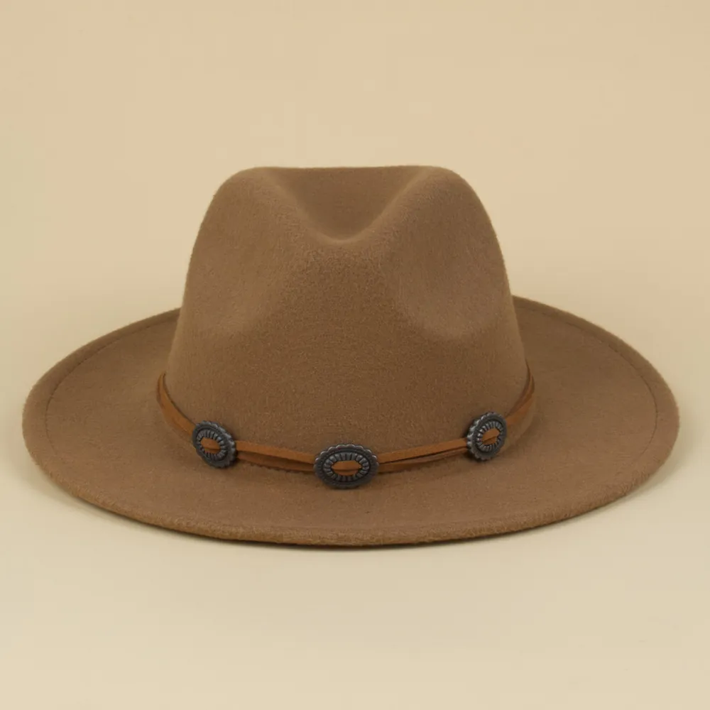 Retro Fedora Hut Für Damen Herren Breiter Krempe Wollfilz Jazz Kappe Ethno Metallschnalle Dekor Band Western Cowboy Stil