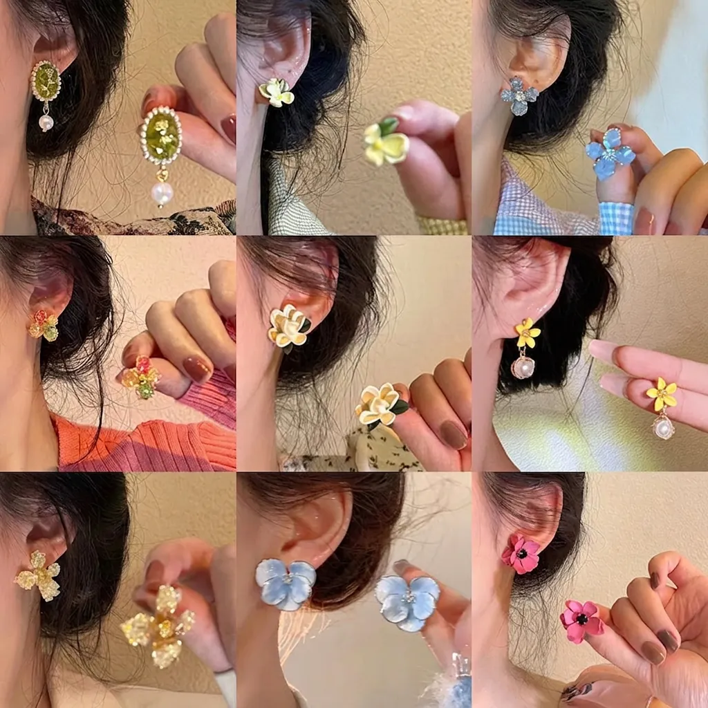Flower Earrings Acrylic Resin Fabric Elegant Sweet Fresh Floral Chic Korean With 925 Sterling Silver Earring Post
