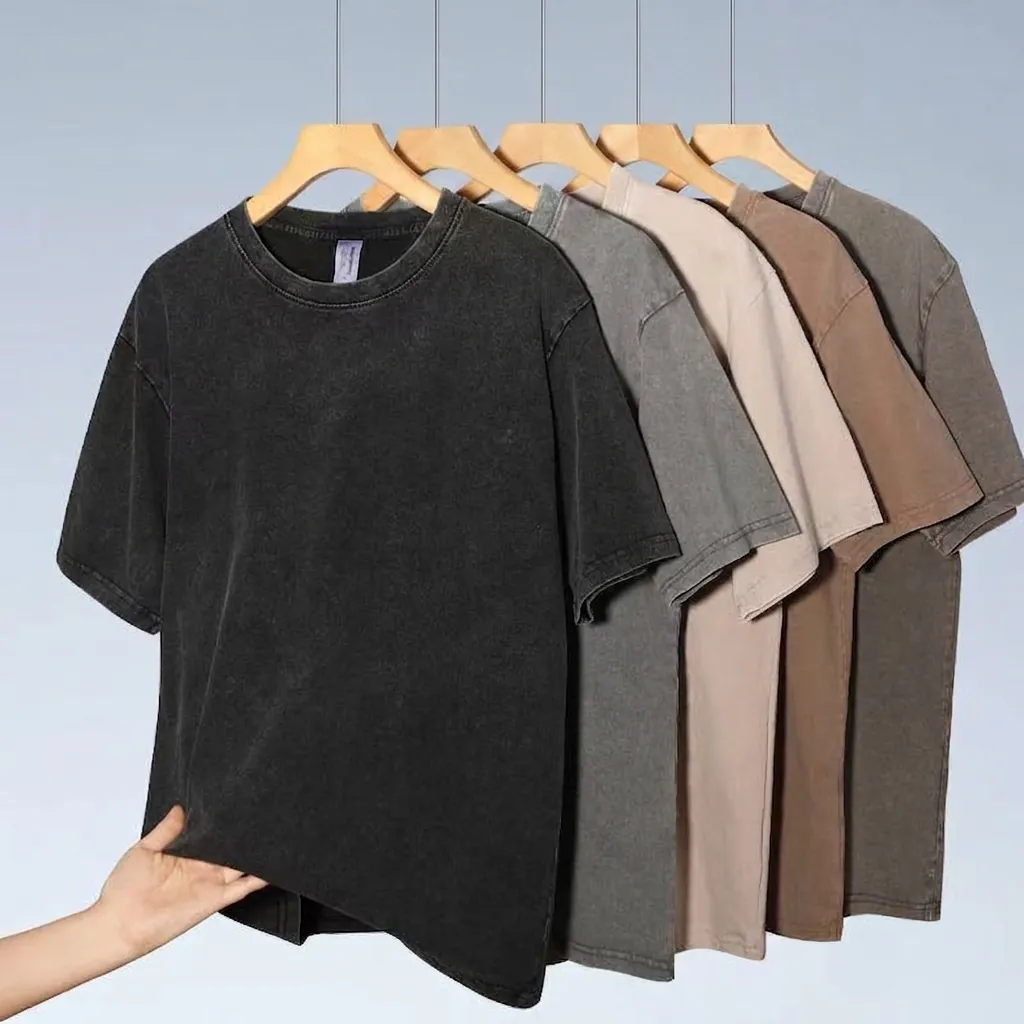 Men's Heavy Cotton T-Shirt Washed Distressed Retro Round Neck Short Sleeve Drop Shoulder Oversized High Street Loose Fit
