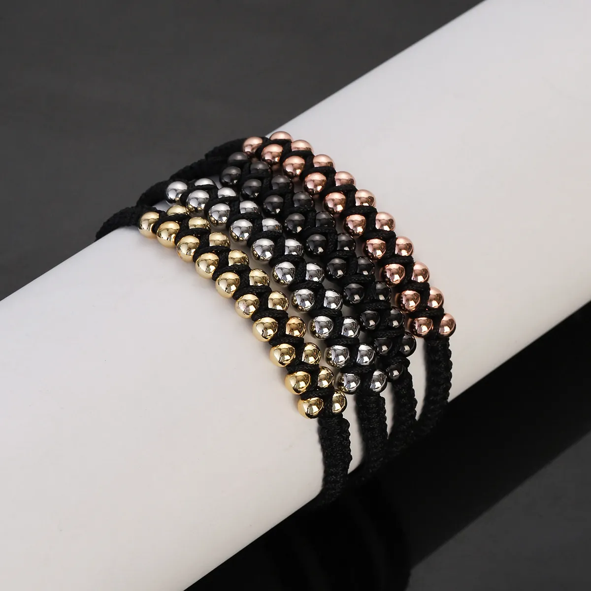 Hip Hop Double Layer Brass Bead Woven Bracelet Adjustable Gold Silver Rose Gold Black Fashion Jewelry For Men Women
