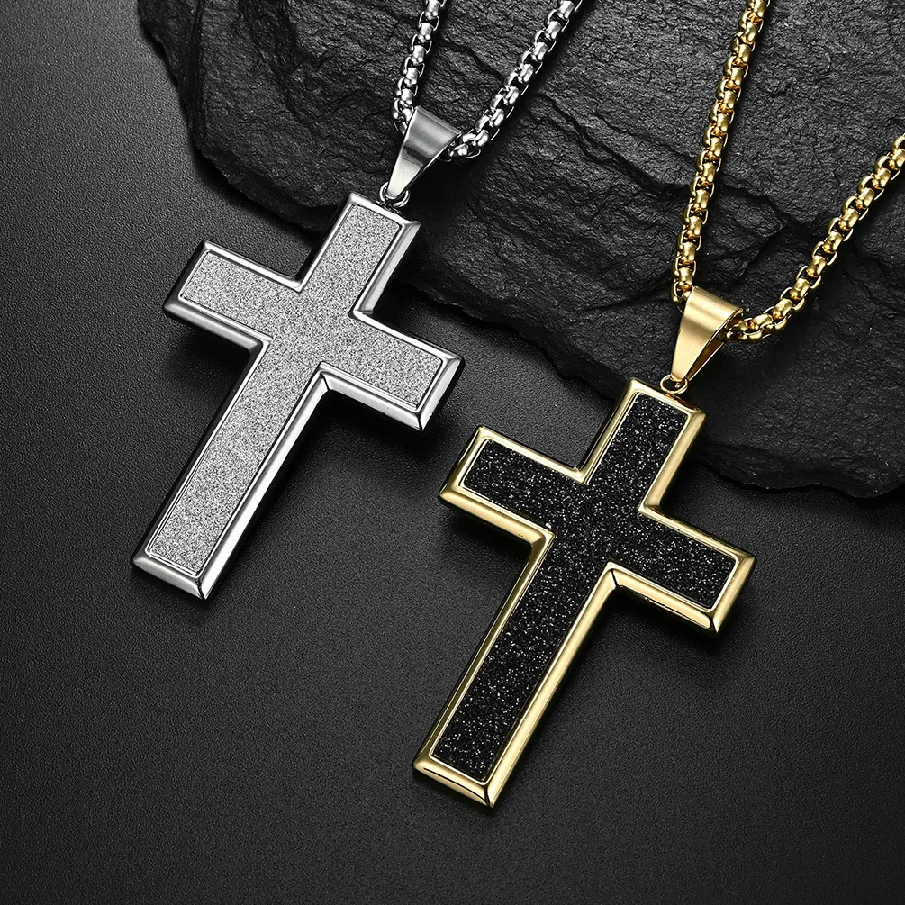 Men Cross Pendant Necklace Stainless Steel Polished Large Simple Matte Jewelry Religious Fashion Gift For Him