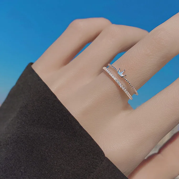 Anello Aperto A Doppio Strato Con Corona Donna Rame Con Micro Pavé Di Zirconi Stile Principessa Di Lusso Regolabile