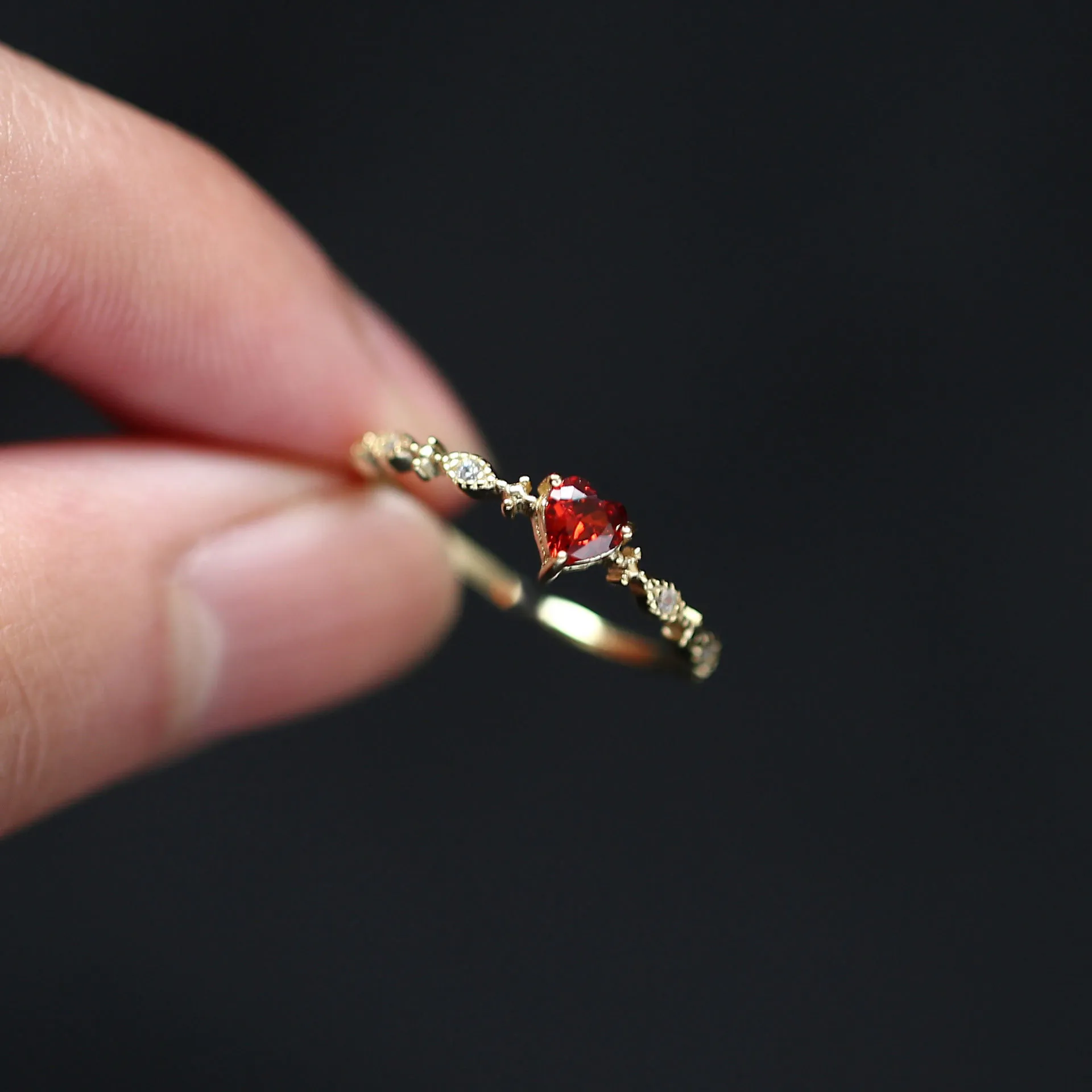 Heart Ring 925 Sterling Silver Gold Plated Red Zircon Adjustable Sweet Romantic Jewelry For Women