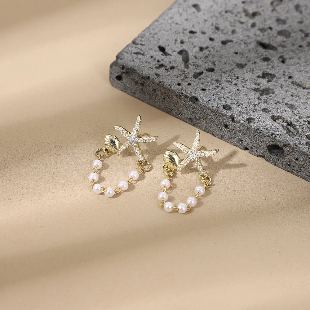 Starfish Shell Artificial Pearl Earrings Alloy Rhinestone Nautical Beach Vacation Jewelry Bohemian Elegant Accessories For Women