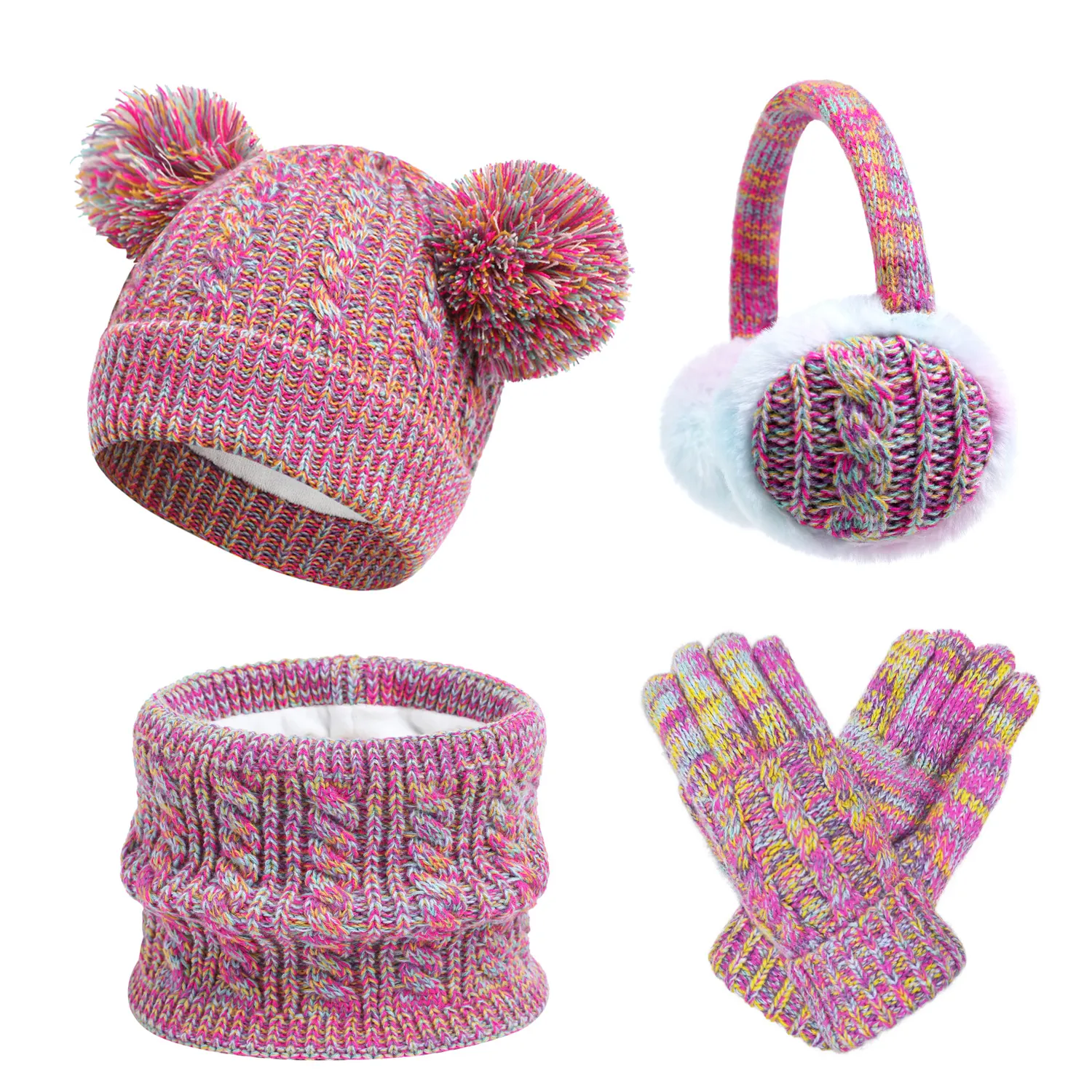Kids Thermal Knitted Pompom Hat Scarf Gloves And Earmuffs Cable Knit Winter Accessories Fleece Lined Warm Soft