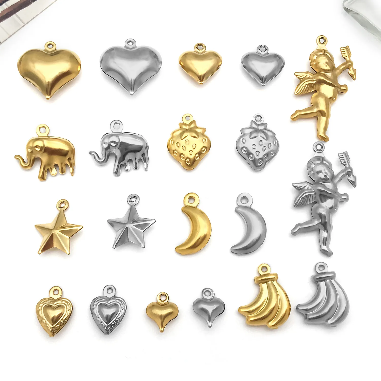 Breloques En Acier Inoxydable Coeur Étoile Lune Éléphant Ange Banane Pendants Pour Création De Bijoux DIY Colliers Bracelets