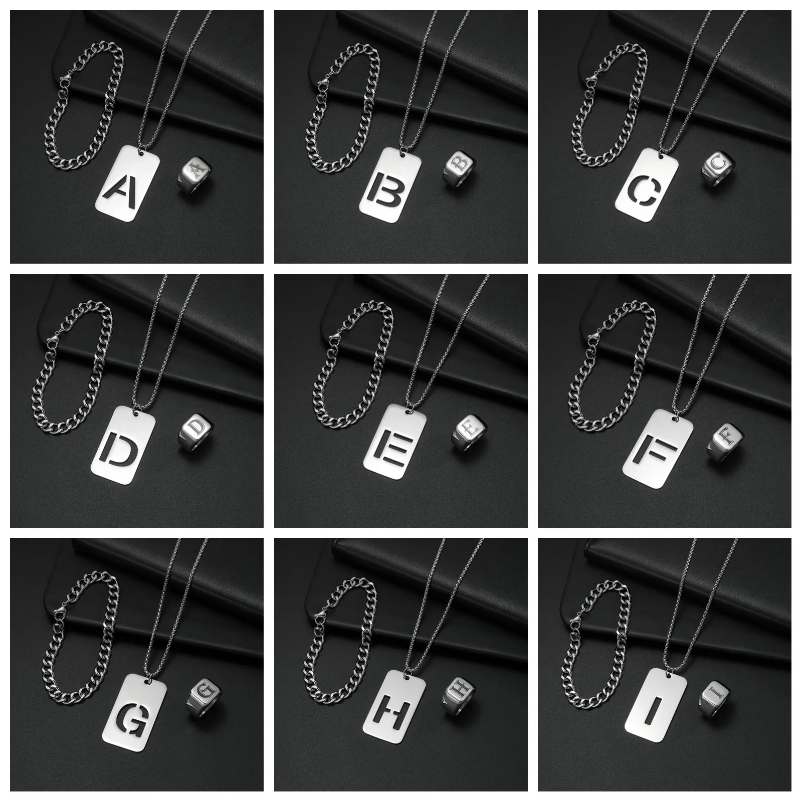 Edelstahl Alphabet Halskette Armband Und Ring Initialen Anhänger Siegelring Panzerkette Streetwear Schmuck