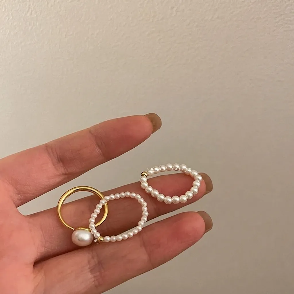 French Retro Freshwater Pearl Rings For Women Gold Plated Copper Open Adjustable Beaded Elastic Finger Jewelry