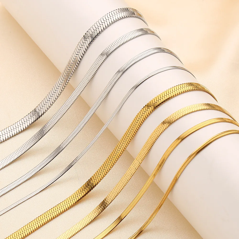 Flat Herringbone Chain Necklace Stainless Steel High Polished Snake Chain Hip Hop Minimalist Jewelry For Women