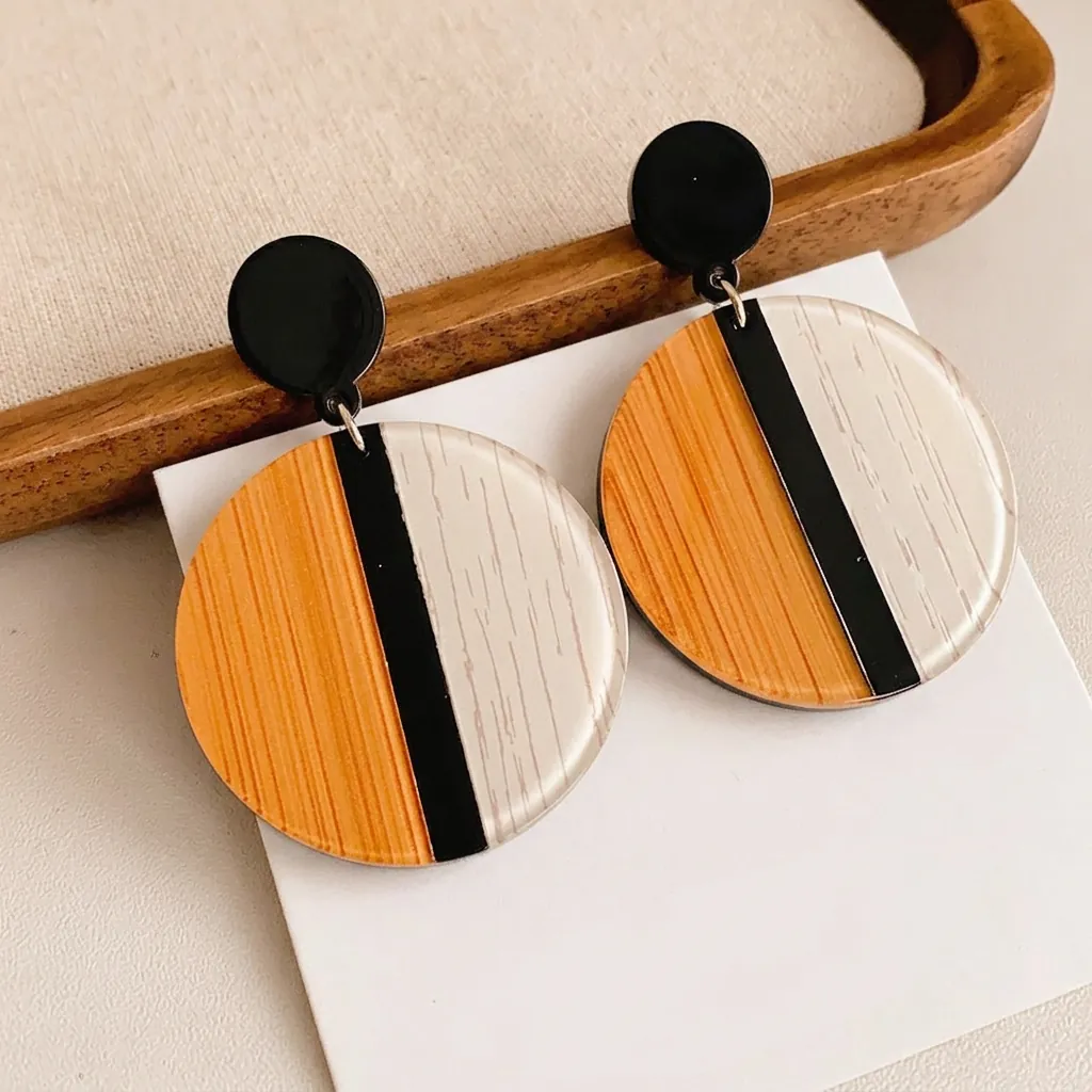 Boucles D'Oreilles Pendantes Géométriques En Acrylique Avec Tige En Argent Design De Grain De Bois Coloré Mode Minimaliste