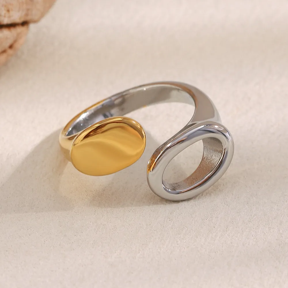 Minimalist Two Tone Open Ring For Women 18K Gold Plated Stainless Steel Hollow Geometric Adjustable Trendy Jewelry