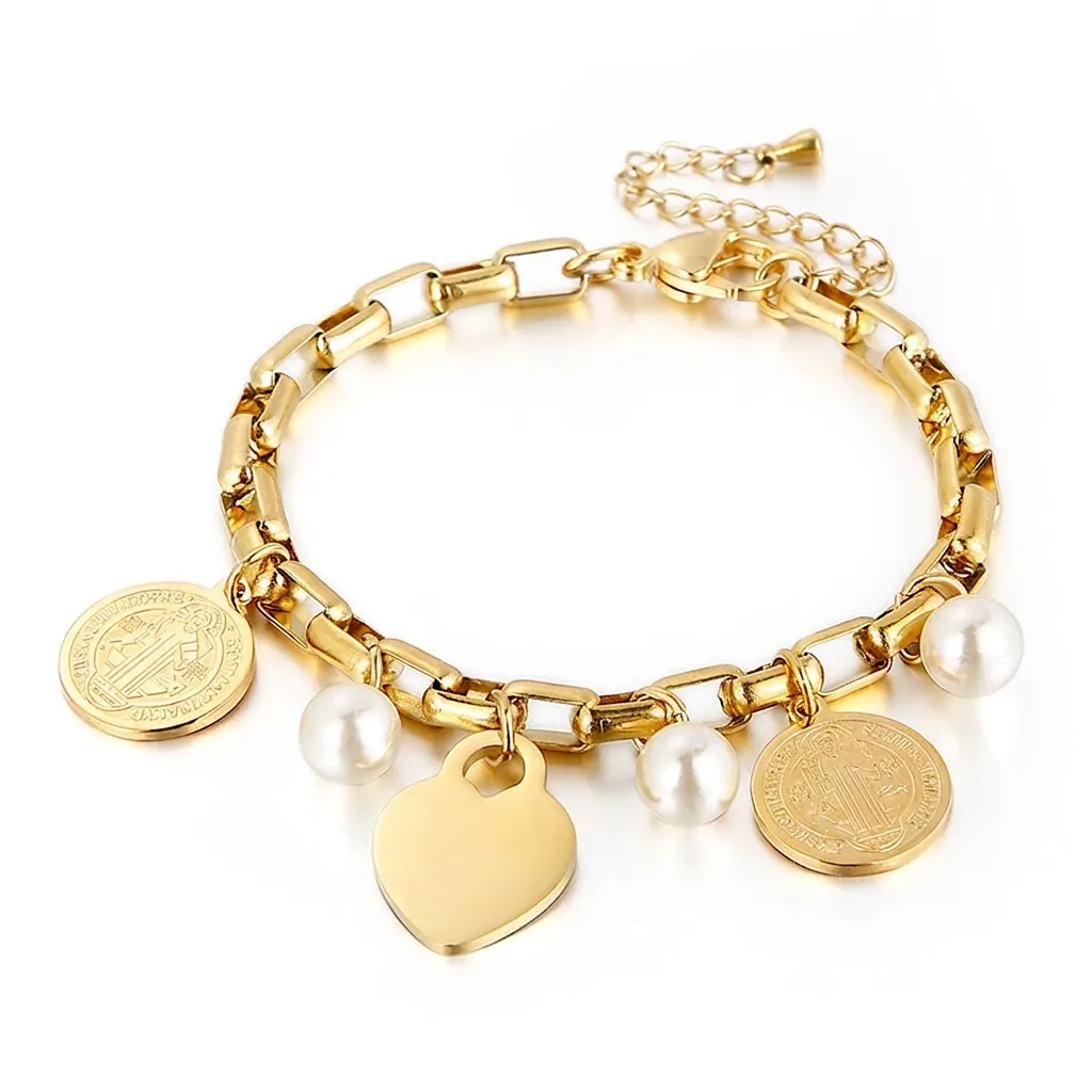Bracelet À Breloques En Acier Inoxydable Cœur Künstliche Perle De Coquillage Médaille Saint Benoît Pièce Rétro Mode Bijoux Femme Ajustable