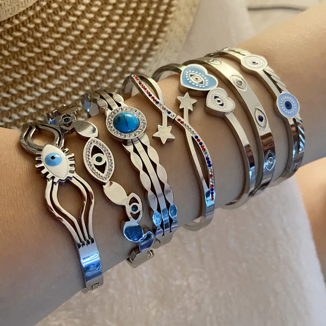 Stainless Steel Bangle Bracelet For Women Evil Eye Heart Star Enamel Charm Personalized Fashion Jewelry Silver Tone