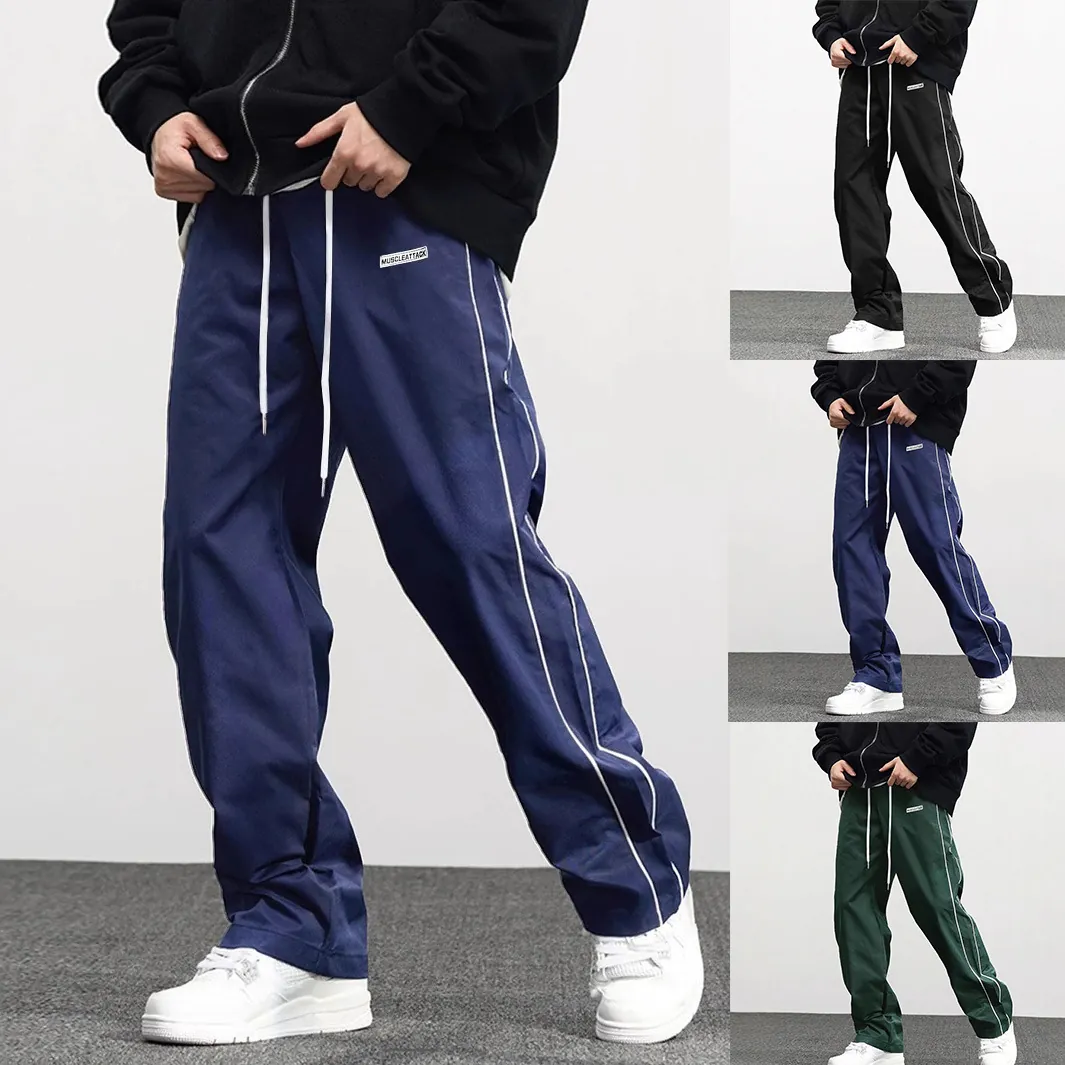 Men Sports Casual Pants Drawstring Elastic Waist Side Stripes Straight Wide Leg High Street Retro Urban Fashion