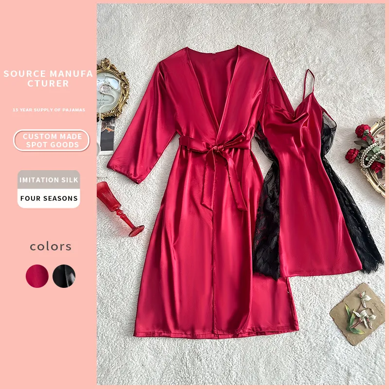 Peignoir En Satin Sexy Et Robe À Bretelles Avec Bordure En Dentelle Vêtements De Détente Pour Femmes Satin Imitation