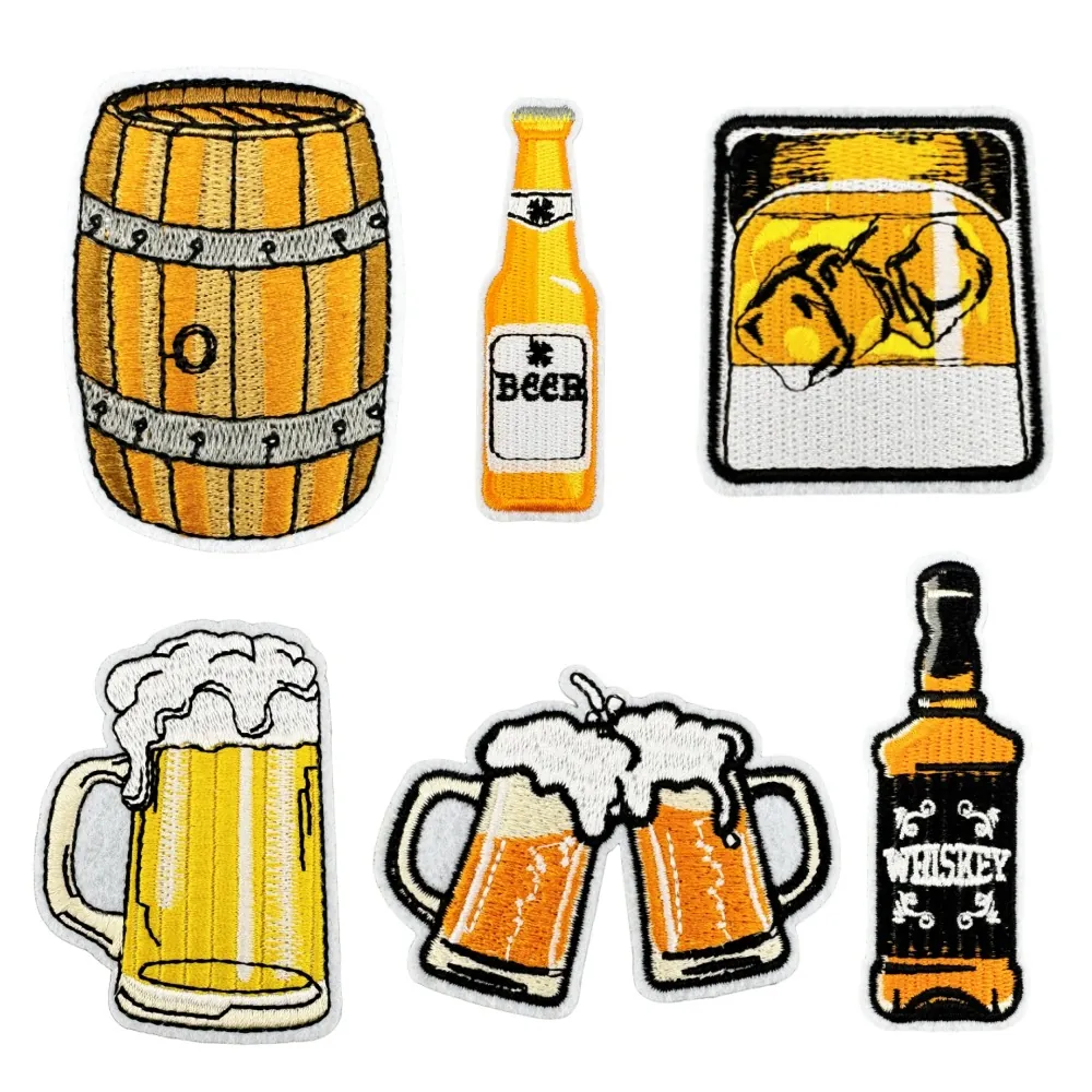 Beer Whiskey Embroidered Patches Polyester Iron On Decorative Applique For Clothing DIY Craft Accessory Heat Melt Backing