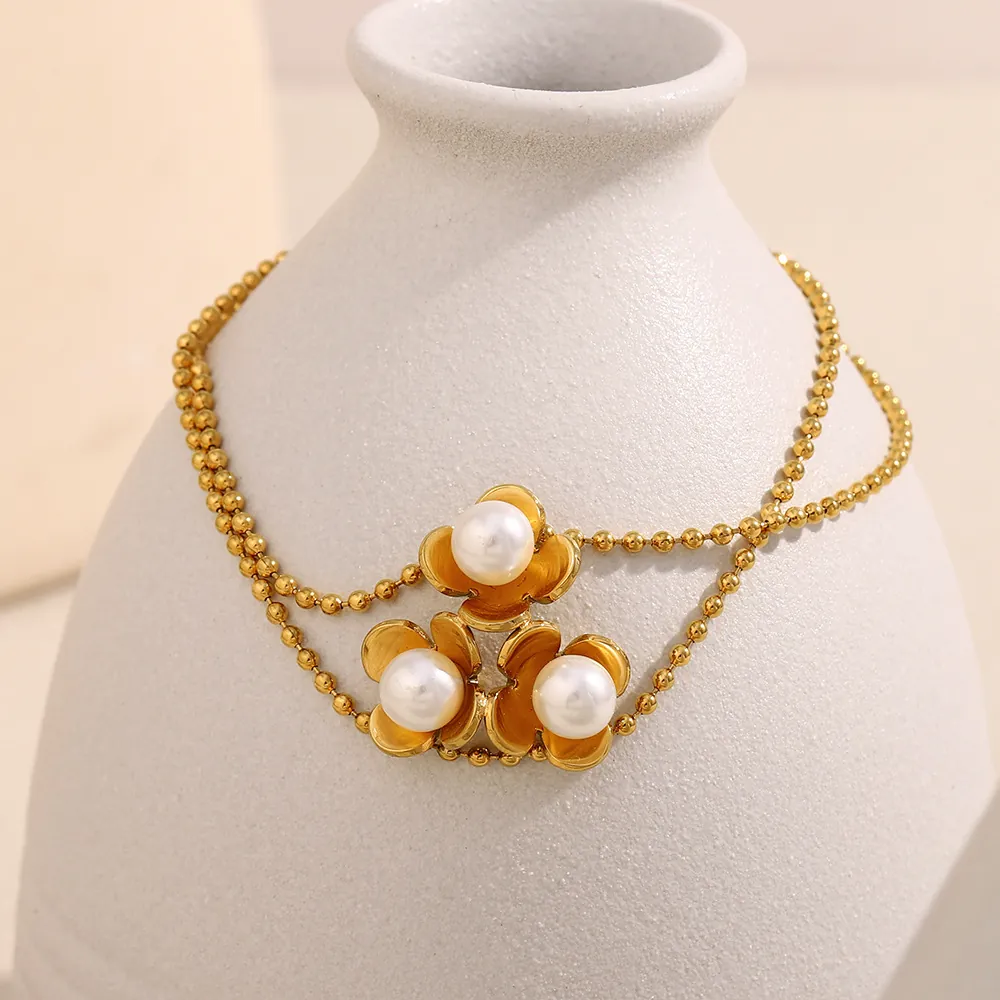 Flower Artificial Pearl Bracelet 18K Gold Plated Stainless Steel Bead Chain Adjustable Elegant French Style Jewelry For Women