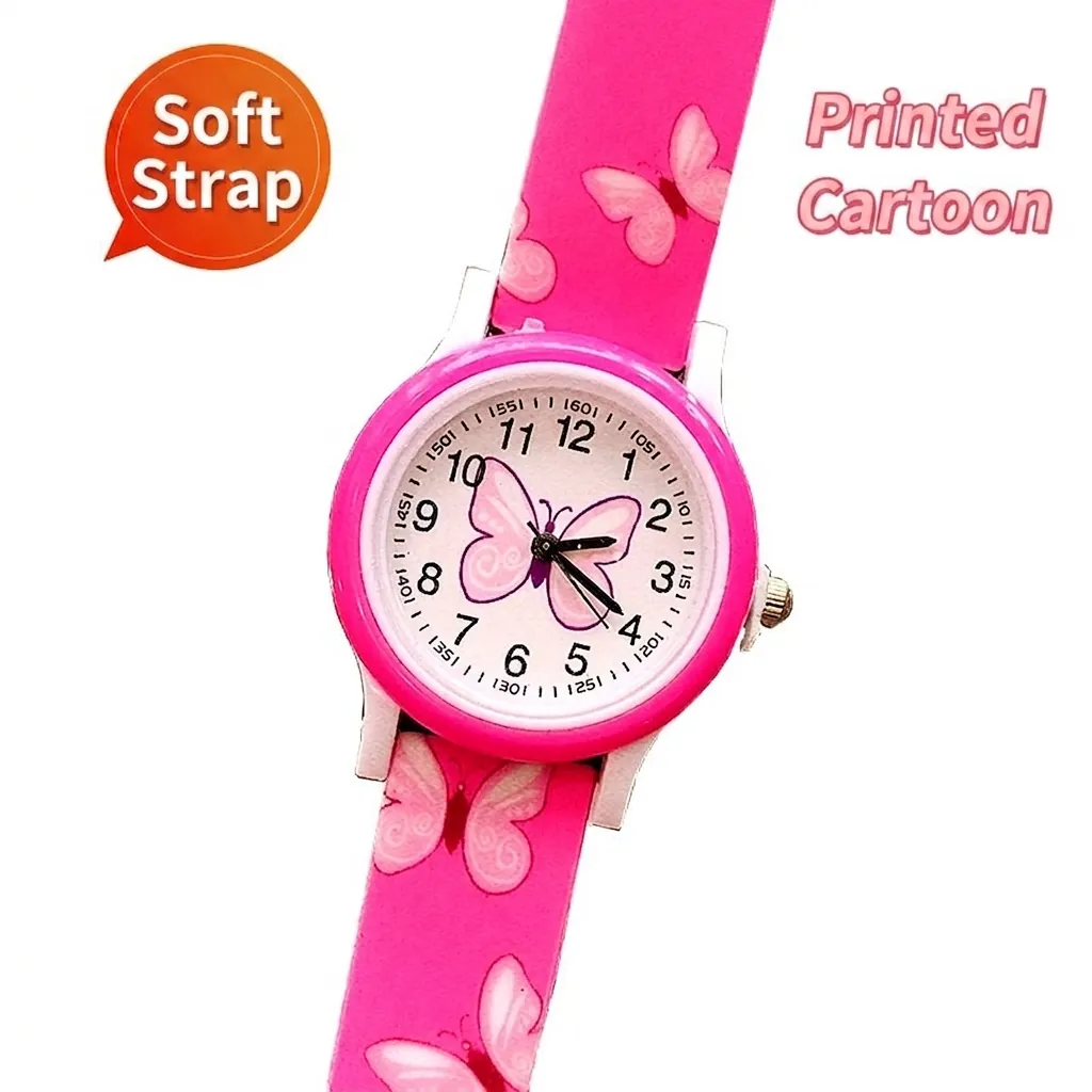 Butterfly Print Kids Watch Silicone Strap Cartoon Analog Quartz Wristwatch For Girls Cute Round Dial Time Teacher