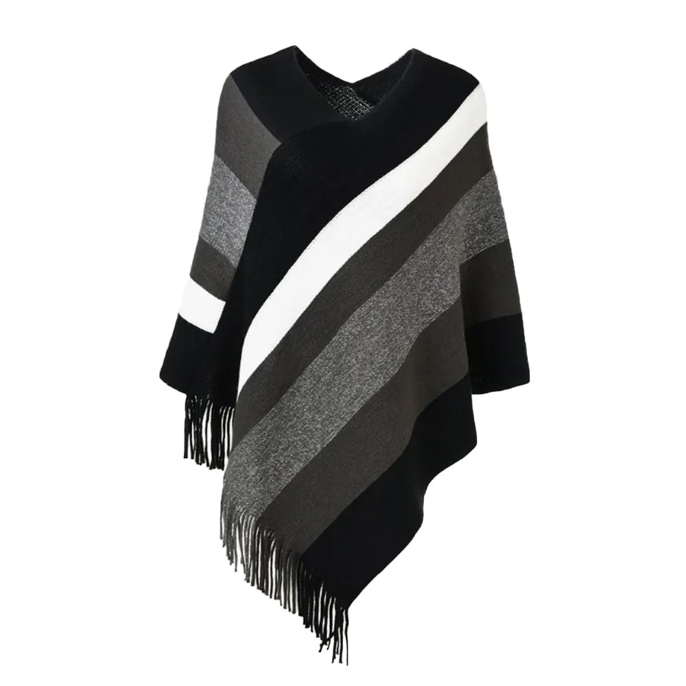 Women's Striped Knitted Poncho Cape Pullover V-Neck Shawl With Tassels Bohemian Color Block Batwing Sleeve Outerwear