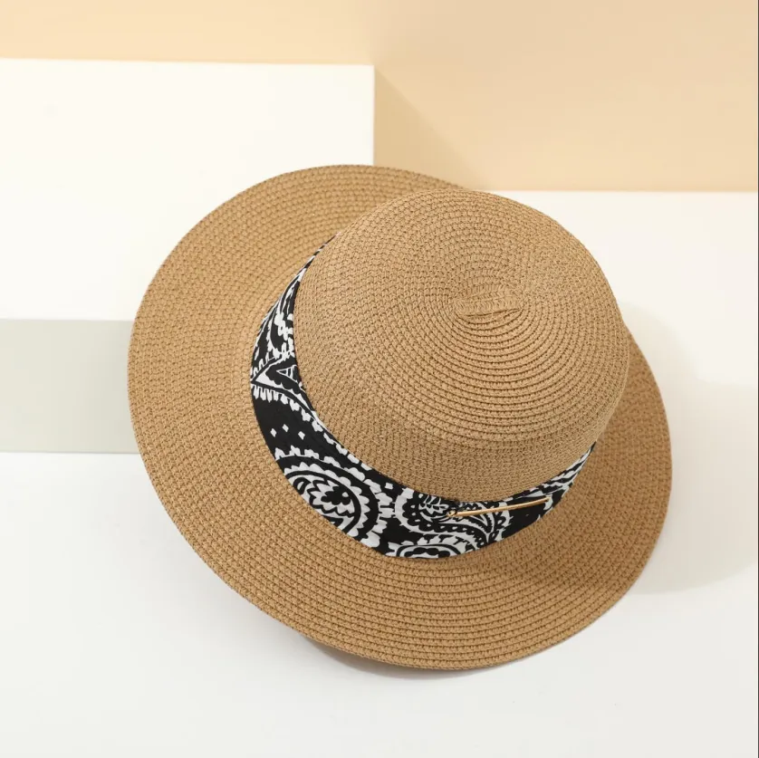 Women Wide Brim Straw Sun Hat Paisley Ribbon Metal Decor Boater Summer Beach Panama Style Breathable Sun Protection