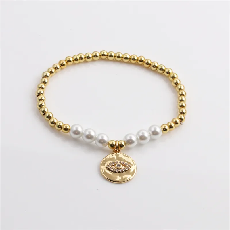 Bracciale Occhio Del Diavolo Perline In Rame E Imitazione Perla Artificial Elastico Pendente Zircone Gioielli Da Donna