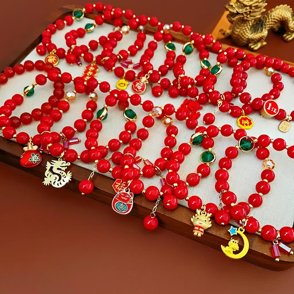 Bracelet Perles Rouges Signe Chinois Dragon Porte-bonheur Alliage Verre Cristal Bijoux Rétro Festifs Pour Femmes