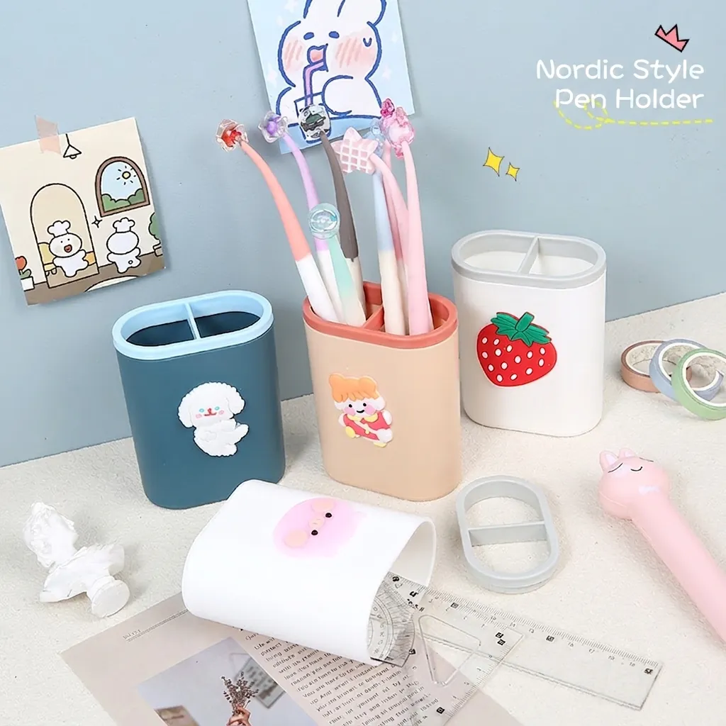 Pencil Cup Pen Holder Desktop Organizer Plastic Dual Compartment For Stationery Makeup Brush Nordic Style Cute 3D Patch