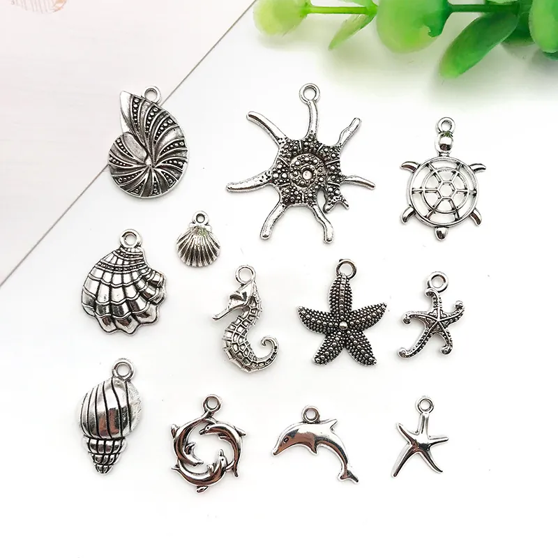 Vintage Antique Silver Alloy Ocean Sea Life Charms Shell Starfish Dolphin Seahorse Turtle Pendants For DIY Jewelry Making