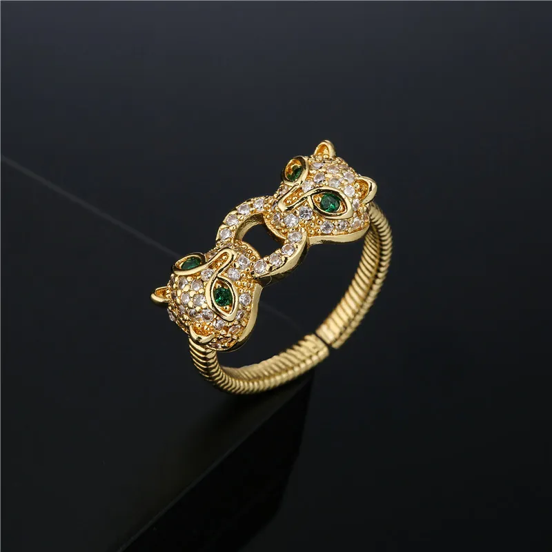 Double Panther Head Ring Copper Gold Plated Micro Pave Cubic Zirconia Green Eyes Adjustable Open Ribbed Band Jewelry