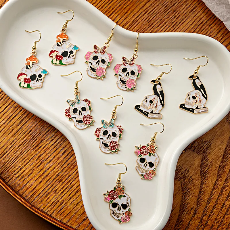 Skull Dangle Earrings With Stainless Steel Earring Post Gothic Halloween Enamel Rose Raven Butterfly Jewelry For Women