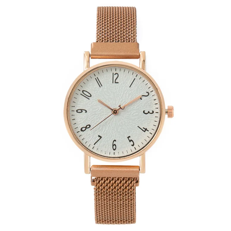 Fashion Women's Quartz Watch Magnetic Mesh Metal Strap Textured Number Dial Analog Wrist Watch For Lady Elegant Jewelry
