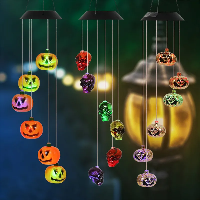 Halloween Solar Wind Chime Lights Waterproof Color Changing Outdoor Garden Yard Patio Pumpkin Skull Ghost Hanging Decor
