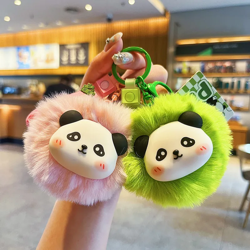 Cute Cartoon Panda Plush Ball Keychain With Silicone Face Soft Wrist Strap Bag Pendant Ornament Decorative Accessories Gift