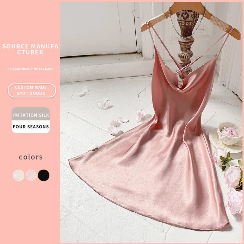 Women Satin Nightgown Imitation Satin Spaghetti Strap Backless Criss Cross Cowl Neck Sleepwear Loungewear Sexy Elegant