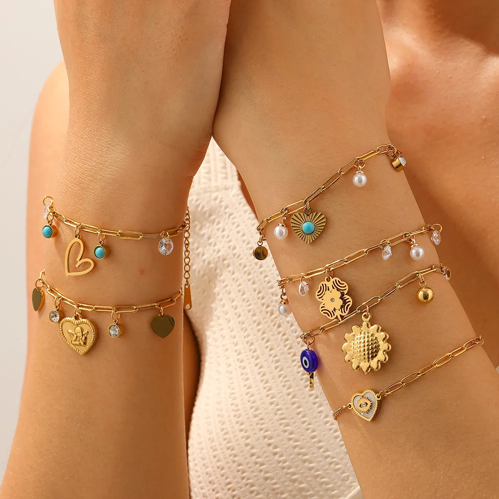 Stainless Steel Bracelet For Women Gold Plated Heart Evil Eye Sunflower Charms Dainty Paperclip Chain Bohemian Vintage Style