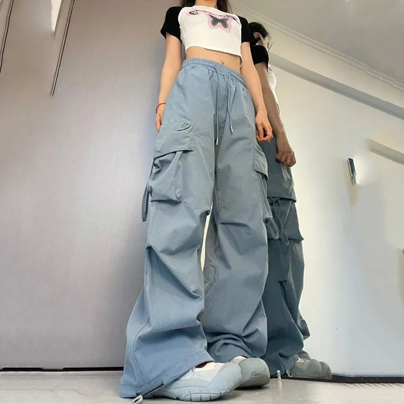 Polyester Cargo Pants High Waist Multi-Pocket Drawstring Wide Leg Loose Fit Casual Streetwear Trousers