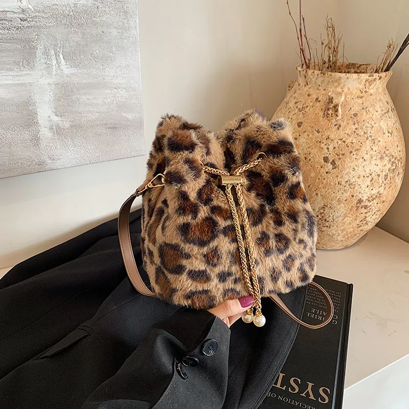 Leopard Print Plush Bucket Bag With Artificial Pearl Drawstring Metal Chain Strap Faux Fur Crossbody Shoulder Handbag For Women