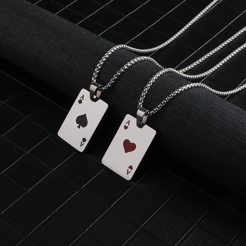 Poker Card Ace Of Hearts Spades Pendant Necklace Stainless Steel Hip Hop Streetwear Jewelry For Couples