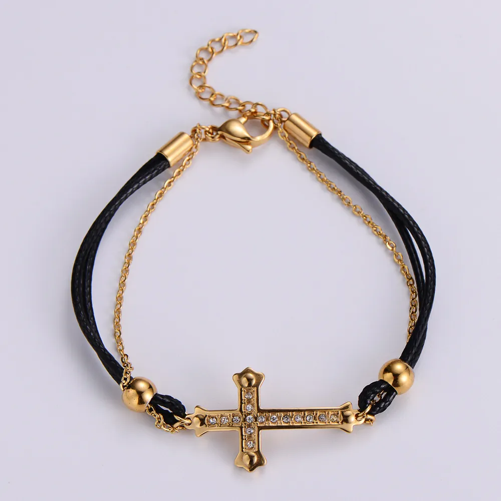Double Layer Cross Bracelet 316L Stainless Steel 18K Gold Plated Cubic Zirconia Braided Rope Adjustable Jewelry For Women Men