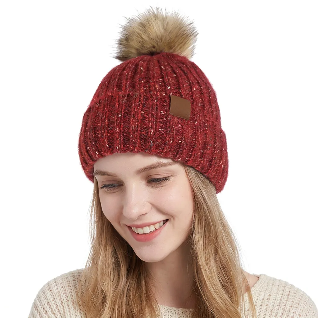 Winter Knitted Beanie Hat For Women Marled Wool Blend Warm Fleece Lined With Faux Fur Pom Pom Snowflake Leather Patch