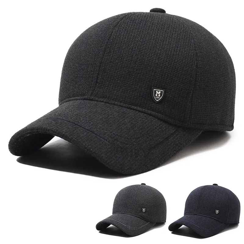 Men's Winter Baseball Cap With Earflaps Warm Fleece Lined Thickened Windproof Outdoor Knitted Adjustable Cotton Hat