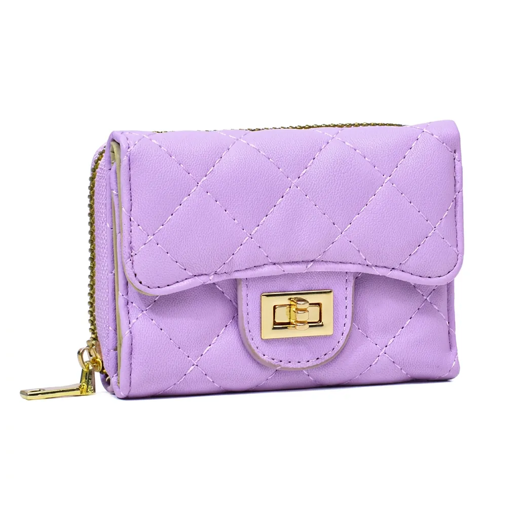 Women's Short Wallet PU Leather Quilted Rhombic Pattern Turn Lock Zippered Card Holder Elegant Korean Style For Girls
