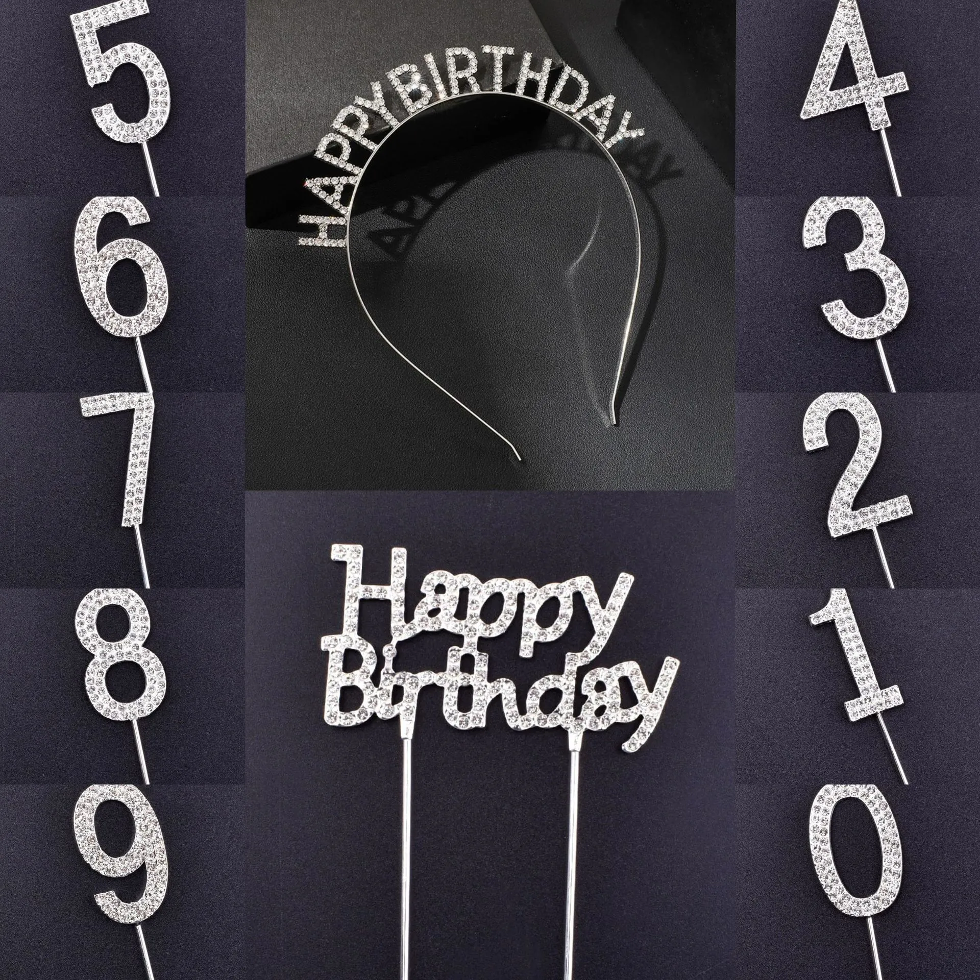 Happy Birthday Rhinestone Headband And Metal Number Cake Toppers Alloy Sparkling Party Decoration For Women And Kids