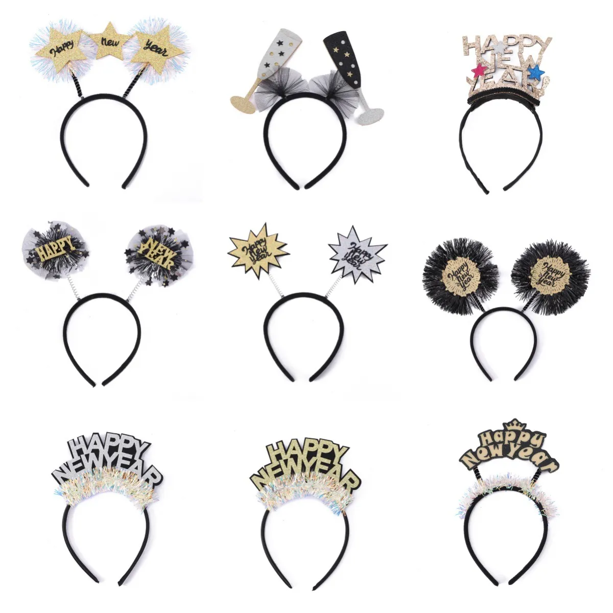 Happy New Year Headband Glitter Star Champagne Glass Hair Hoop Tinsel Hair Accessory For Eve Party Celebration Decoration