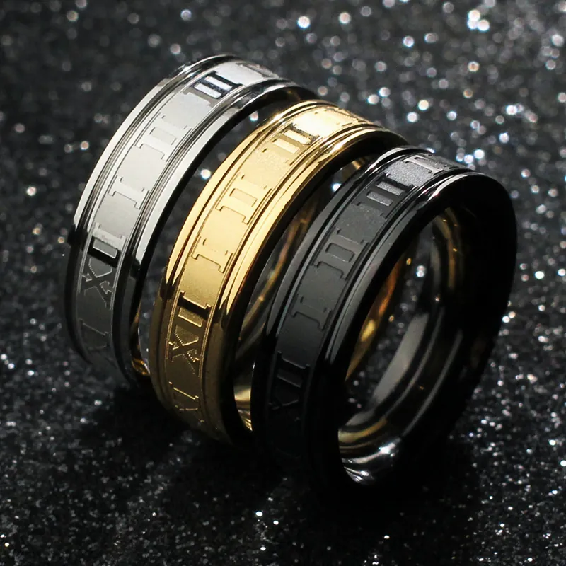 Bague Chiffres Romains Acier Inoxydable Gravée Punk Hip Hop Style Unisexe Bijoux Mode