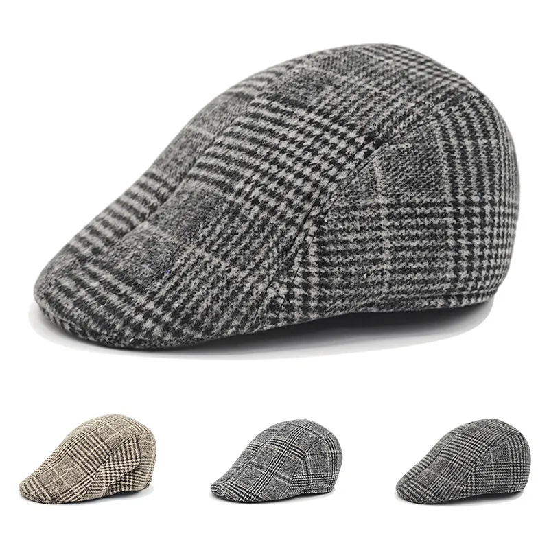 Vintage Plaid Ivy Cap For Men Winter Warm Thickened Flat Hat British Retro Beret With Ear Protection