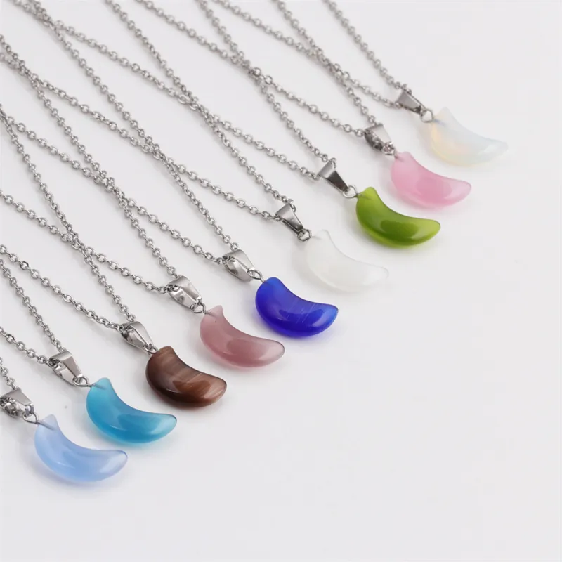 Collier Pendentif Croissant De Lune Chaîne En Acier Inoxydable Alliage Pierre Oeil De Chat Opale Vintage Pour Femme
